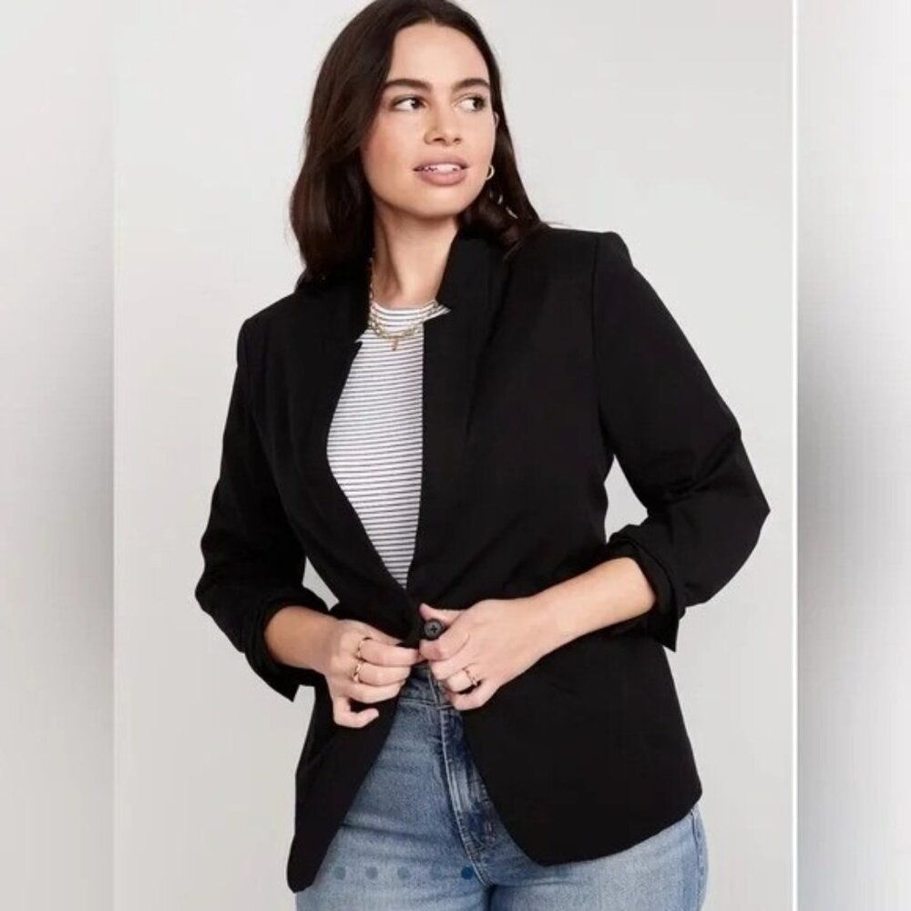 NEW Old Navy Womens Plus 3X Black One Button Blazer Inverted Collar Jacket